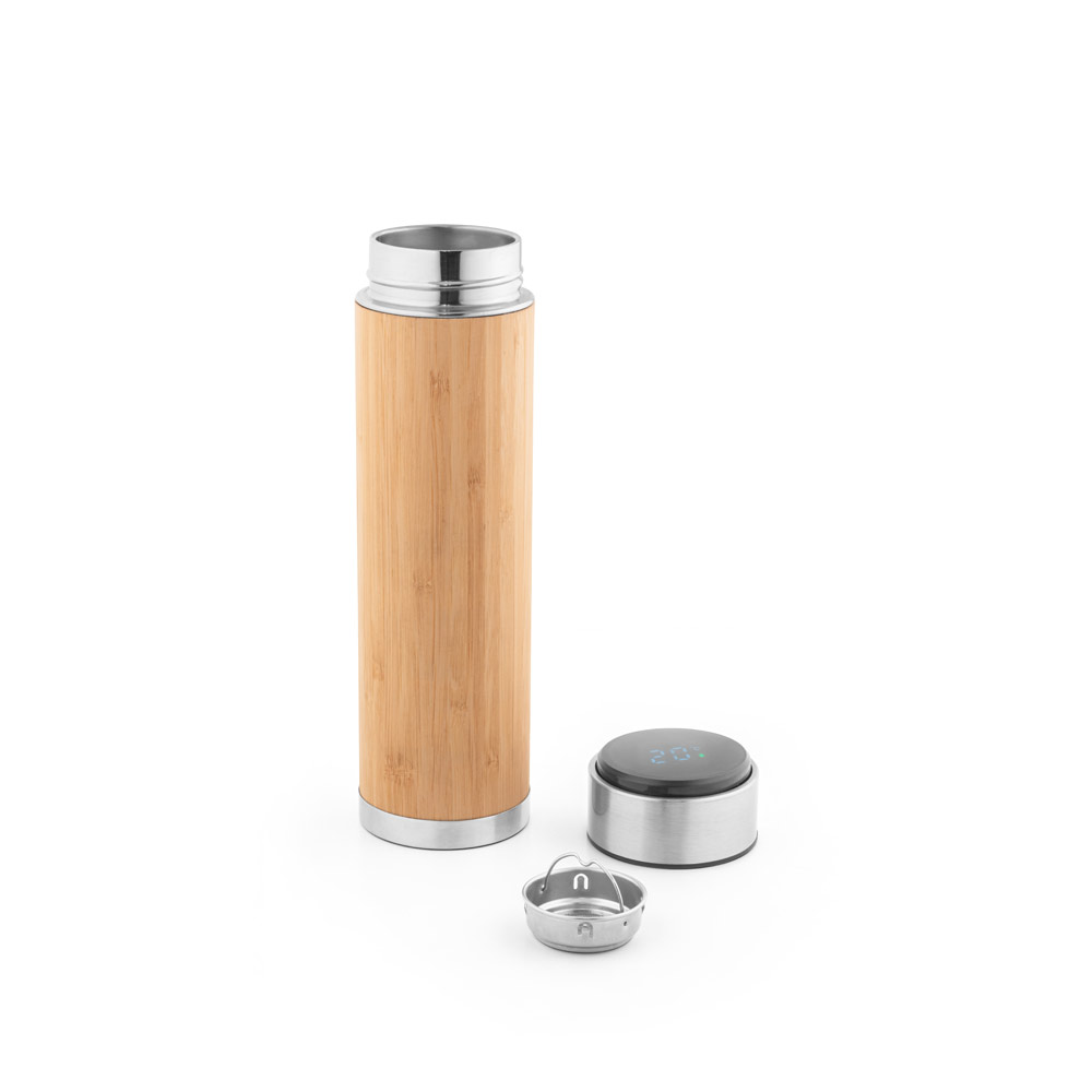 Garrafa térmico em aço inox reciclado e bambu com termómetro digital 430 mL